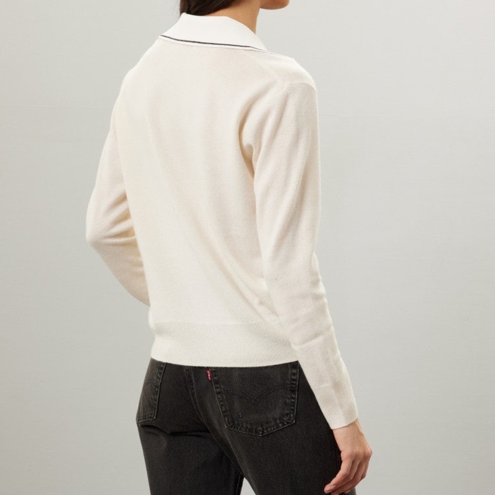 Sandro Alizia V Neck Collared Wool & Cashmere Sweater in Cream and White - Picture 3 of 10
